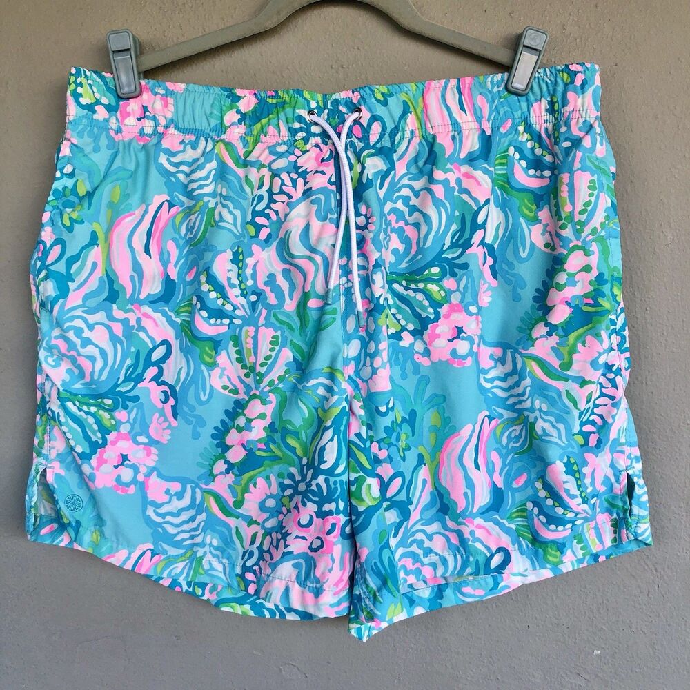 Lilly Pulitzer Men's Aqua La Vista Swim Trunks Shorts Blue Fish Print Lined L